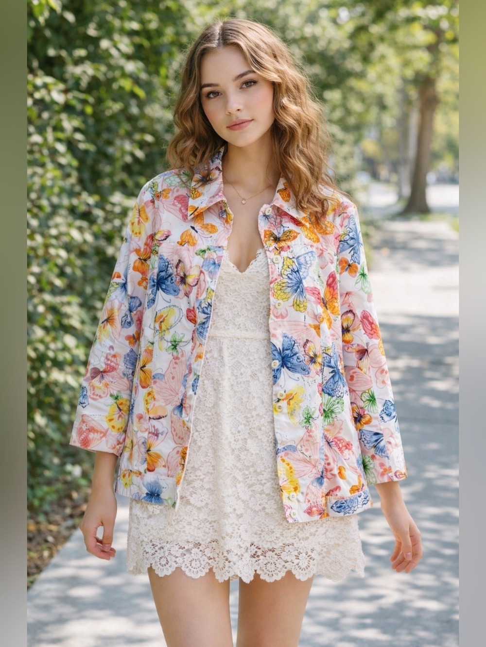 Vintage Butterfly Print Jean Jacket Eyelet Lace Jacket 90s cottagecore granny